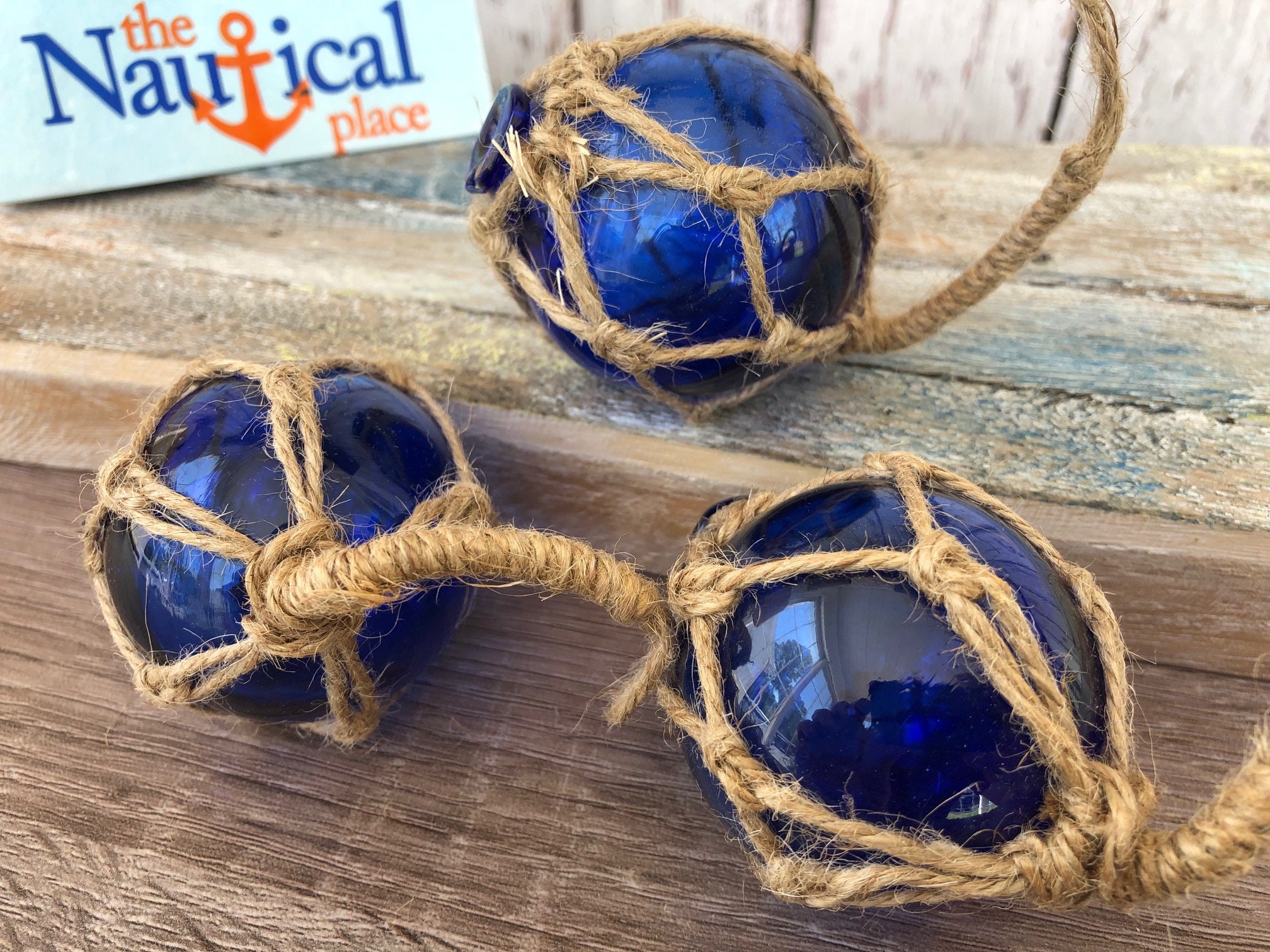 2 Cobalt Blue Glass Fishing Floats Nautical Coastal Beach Decor Fish Net  Buoy Ball W/ Rope Netting Christmas Ornaments single, 3 or 6 