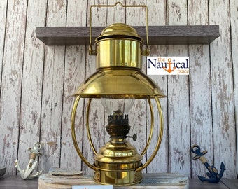 16" Vintage Brass Hanging Ship Lantern - Polished Finish - Nautical Oil Lamps - Boat Light - Nautical Maritime Decor