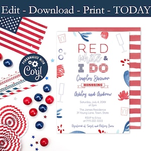 Red White And I DO Couples Shower Invitation, Red White Blue Co-Ed Wedding Shower, Independence Day Shower, Corjl Editable Template