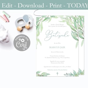 Invitación de bautismo portugués, hojas verdes de primavera, descarga de invitación portuguesa, Convite Para Batizado, Menino, Imprimível