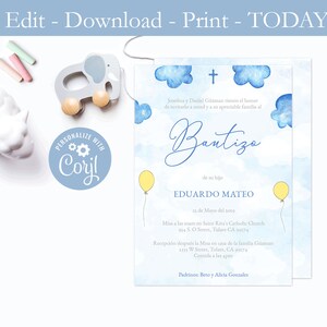 Druckbare Bautizo Einladung, Invitaciones Bautizo Niño, Cielo Con Globo, Wolken In Himmel Gelbe Ballons, PDF oder jpeg, Junge Taufe Spanisch