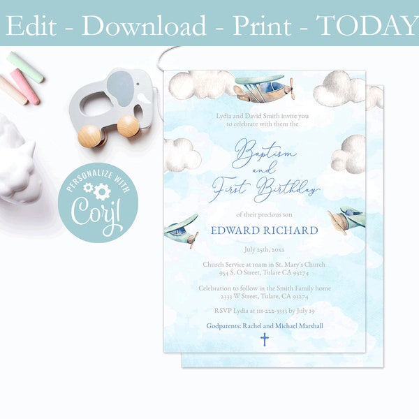 Airplane Baptism 1st Birthday Printable Invite, Digital Baptism First Birthday Invitation, Blue Sky Fluffy Clouds, Planes, Boy Baptism Bday