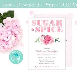 Printable, SUGAR and SPICE Baby Shower Invitation, All Things Nice, Pink Watercolor Floral, Little Girl, Editable Template, Jpeg png pdf