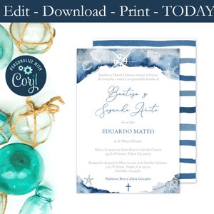 Bautizo Y Segundo Añito Imprimible, Latino Baptism 2nd Birthday Invite, Invitaciones Bautismo, 2nd Birthday Baptism in Spanish, Nautical