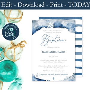 Nautical Baptism Invitation For Boy, Boy Baptism Invite, Watercolor Blue Baptism, Download Baptism Invite, Seashore Baptism, Vintage Style