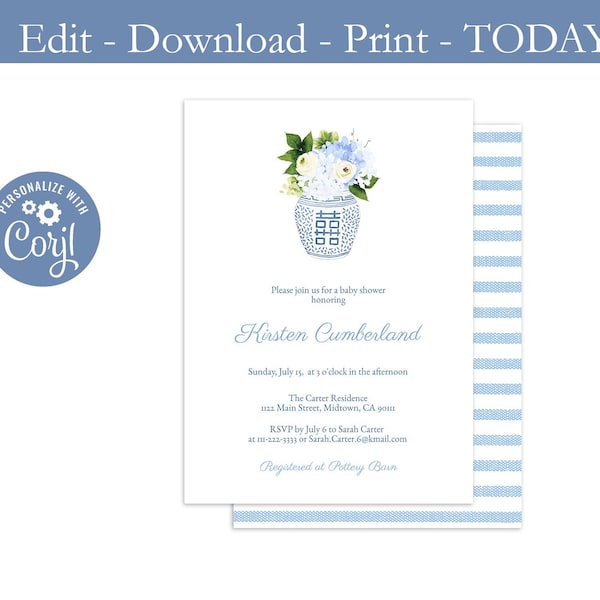 Printable Baby Shower Invitation, Classic Blue And White Invite, Preppy Ginger Jar, Watercolor, Baby Boy, Baby Sprinkle, Corjl Template, PDF