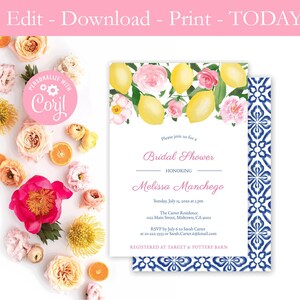 Printable Positano Bridal Shower Party Invitation, Lemons Pink Flowers, Italian Blue Tiles, Wedding Shower Invite, Mediterranean, PDF JPEG