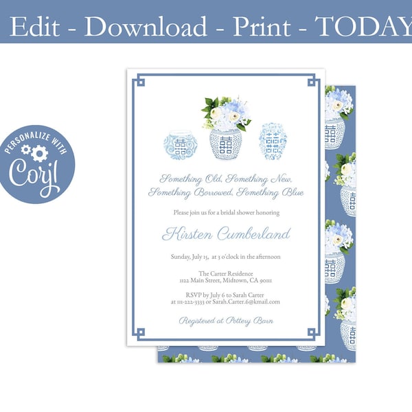 Printable Bridal Shower Invitation, Something Old, Something New, Old New Borrowed Blue Invite, Preppy Ginger Jar, Blue And White, Jpeg pdf