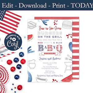 Bun In The Oven Burgers On The Grill, Red White Blue Baby Shower Invitation, Labor Day Babyq Shower, Couples Baby Shower Invite, Printable