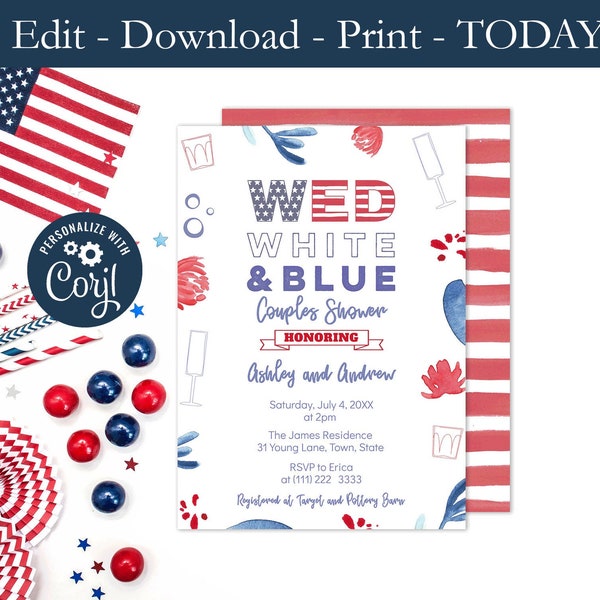 Wed White Blue Couples Shower Invitation, Red White Blue Co-Ed Wedding Shower, Independence Day Shower, Corjl Editable Template