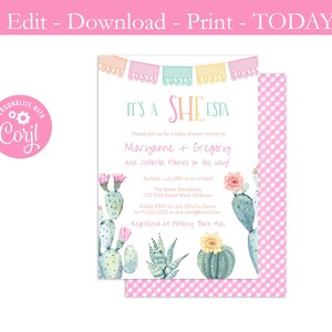 Printable Baby Shower Fiesta Invitation, She-Esta, Little Girl, Señorita On The Way, Editable Template, Mexican Theme, Papel Picado, PDF JPG