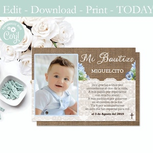 Oracion Para Bautizo, Recuerdo Con Foto, Imprimible, Gracias Tarjeta, Bautismo Niño, Prayer Card in Spanish, Doy Gracias A Dios