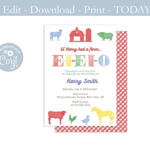 Printable Petting Zoo Party Invite, EIEIO Invitation, Old MacDonald Party, Farm Birthday Party, Email SMS, Oink Baa Cluck Moo, Farmyard, DIY