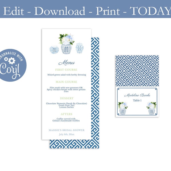 Printable Bridal Shower Menu And Place Cards, Preppy, Blue and White Wedding, Classic Ginger Jars, Greek Key pattern, Editable Template, PDF