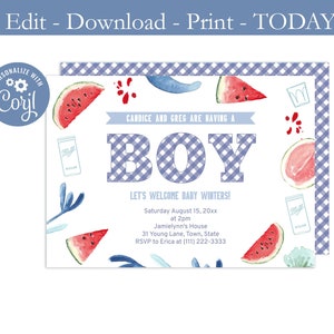 Printable Baby Boy Shower Invitation, Casual Backyard Couples Shower Invite, Co-ed BabyQ Baby Shower, Blue Gingham, Download, PDF JPEG PNG