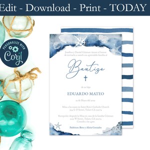 Bautismo Imprimible, Latino Baptism Invite, Invitacion Bautismo, Baptism in Spanish, Nautical Blue, Bautizo Niño, Invitaciones Bautizo
