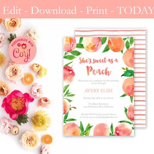 Editable Peach Birthday Invitation, Sweet as a peach invites, Southern birthday invites, birthday invite template, Summer birthday invite