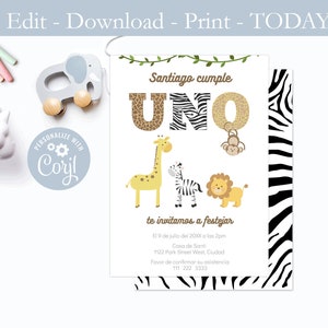 Primer Cumple Niño, Invitacion De Primer Año, Fiesta de cumpleaños, Tema Safari, 1e verjaardag uitnodigen in het Spaans, afdrukbare download