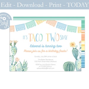 Printable Invite, Taco TWOsday Party For Boy, Taco Tuesday 2nd Birthday, Taco 2nd Birthday Party, Mexican Fiesta, Print At Home, TWO sday