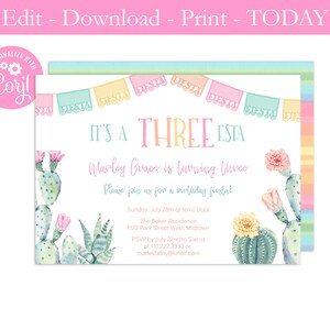 Printable Three-Esta Birthday Party Invite, 3rd Birthday Fiesta Style Invitation, Taco Bout A Fiesta Invitation, Girl, Digital File PDF Jpeg