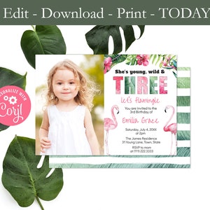 Let&#39;s Flamingle 3rd Birthday Party Invite, Young Wild THREE Invitation, Flamingo Third Birthday, Photo Invitation, DIY Flamingo Party, PDF