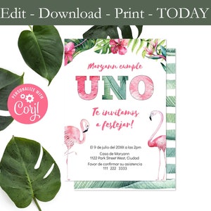 Invitacion 1er Cumpleaños, Primer Cumple Invite, Printable Invite, Fiesta Primer Año, Flamingo Invite In Spanish, Cumple Flamenco, Niña