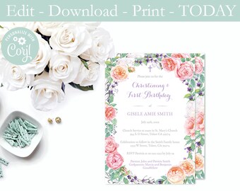 1st Birthday and Christening Invitations, Lavender Christening, Christening invites, Christening birthday, DIY Christening, Template Invite