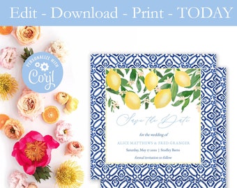 Lemons Save The Date, Printable, Lemon Wedding, Tuscany Lemons, Positano Blue Tiles, Powder Blue, Digital File, Editable Template, PDF JPEG