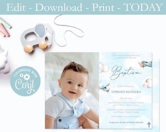 Printable Airplane Baptism PhotoCard Invitation, editable template, social media invite, Toy Plane, Aeroplane and Clouds in Blue Sky, PDF