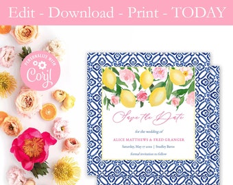 Printable Save The Date, Positano Lemons, Citrus Wedding, Amalfi, Vintage Blue And White Tiles, Pink Text, Digital Download, Template, PDF