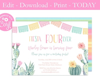 Invitation Fiesta Four-Ever modifiable, Invitation imprimable Fiesta 4e anniversaire, Fourever Party, Bannière mexicaine, Fête d'anniversaire Girl Cactus, PDF