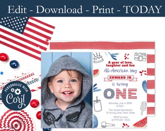 Printable 1st Birthday Party Invite, 4th Of July, Patriotic, Year Of Love Laughter And Fun, Photocard, Invitation With Picture, SMS, email