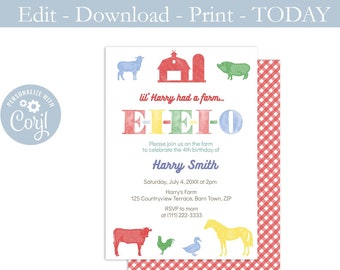 Printable Petting Zoo Party Invite, EIEIO Invitation, Old MacDonald Party, Farm Birthday Party, Email SMS, Oink Baa Cluck Moo, Farmyard, DIY