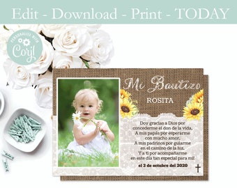 Printable Baptism Prayer Card In Spanish, Baby Girl, Sunflowers, Latina, Oracion Para Bautizo, Recuerdo Con Foto, Imprimible, Gracias, PDF