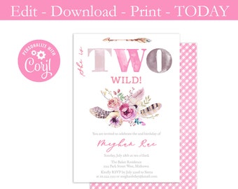 Printable 2nd Birthday Party Invite, TWO Wild, Little Girl, Turning 2, Boho Second Bday Party, Bohemian, Matching Reverse, PDF jpeg png