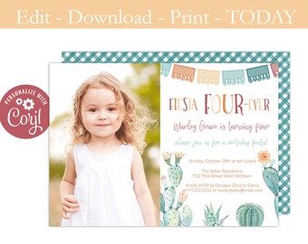 Printable 4th Birthday Party Invitation With Photo, Fiesta FOURever Invite, Four-ever, Autumn Colors, Girl turning 4, Editable Template, SMS