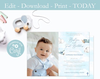 Printable Baptism 1st Birthday Party Picture Invite, Airplane Theme, Toy Aeroplane, PhotoCard Invitation, DIY Editable Template, Email SMS