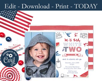 Printable Red White TWO Photo Invitation, 2nd Birthday Party Picture Invite, Red White Blue, Independence Day, Digital Download, PDF Jpg png