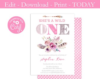 DIY Printable, Wild ONE Girl 1st Birthday Invite, Pink Brown Floral Feather Bouquet, Boho Invitation, Bohemian First Birthday, PDF jpeg png