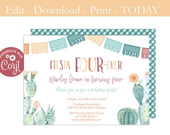 Printable Fiesta FOURever Invitation, Four ever Invite, Fall Colors, Girl 4th Birthday Party, Taco Bout A Fiesta, Digital File PDF Jpeg