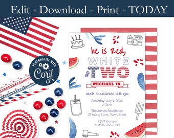 Printable 2nd Birthday Party Invite, Red White TWO Invitation, Red White Blue, Patriotic, July 4th, Labor Day, Editable Template, PDF Jpg