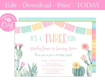 Invitation imprimable de fête d'anniversaire de trois-Esta, 3e anniversaire Fiesta Style Invitation, Taco Bout A Fiesta Invitation, fille, fichier numérique PDF Jpeg
