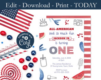 Printable 1st Birthday Invitation, Memorial Day, Summer First Bday Party Invite, Red White And Blue, All-American, Social Media, Corjl