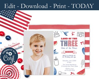 Printable 3rd Birthday Party Invitation, Picture Invite, Land Of The Three, Photo Card, Independence Day, Third Birthday, Labor Day, PDF png
