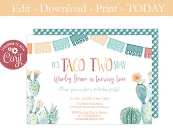 Printable Taco TWOsday Invitation, Autumn Colors, 2nd Birthday Party Invite For Girl, Digital Taco Two-sday Design, Taco Tuesday Fiesta, PDF