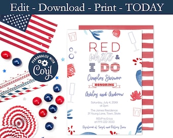 Red White And I DO Couples Shower Invitation, Red White Blue Co-Ed Wedding Shower, Independence Day Shower, Corjl Editable Template