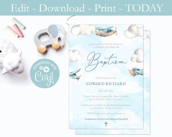 Printable Aeroplane Baptism Invitation, Digital Baptism Party Invite, Blue Sky Fluffy Clouds, Planes, Boy Baptism Ceremony, Toy Plane, PDF