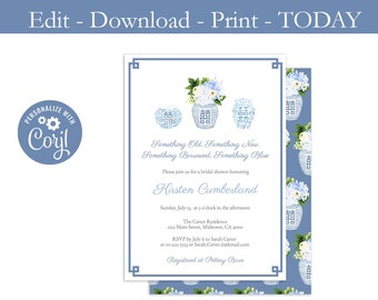 Printable Bridal Shower Invitation, Something Old, Something New, Old New Borrowed Blue Invite, Preppy Ginger Jar, Blue And White, Jpeg pdf