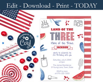 Printable Land Of The Three Invite, 3rd Birthday Party Invitation, Independence Day, All-American, Turning 3, Labor Day, PDF, Digital File