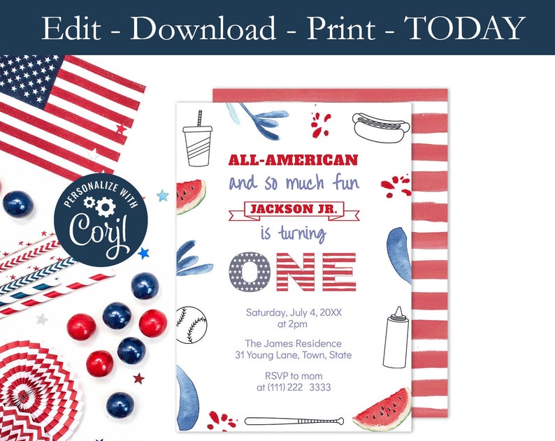 Printable Baseball 1st Birthday Party Invite AllAmerican Red White And Blue Little Slugger Invitation Rookie First Birthday